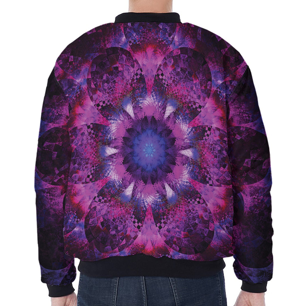 Purple Mandala Flower Print Zip Sleeve Bomber Jacket