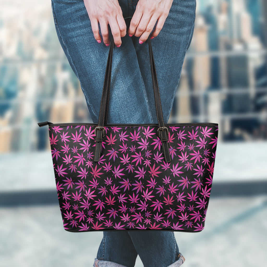 Purple Marijuana Leaf Pattern Print Leather Tote Bag