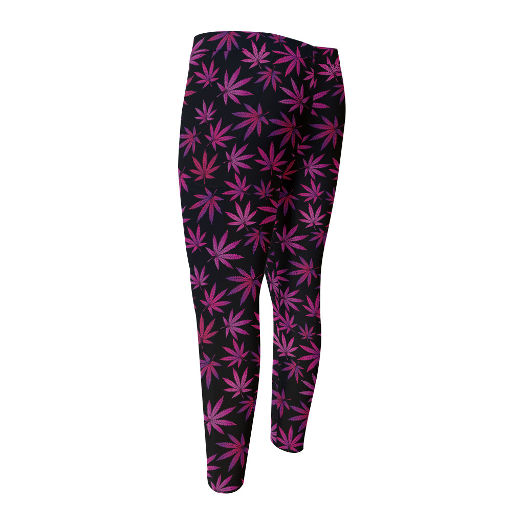 Purple Marijuana Leaf Pattern Print Men's Compression Pants