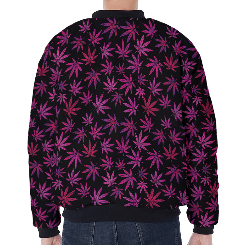 Purple Marijuana Leaf Pattern Print Zip Sleeve Bomber Jacket