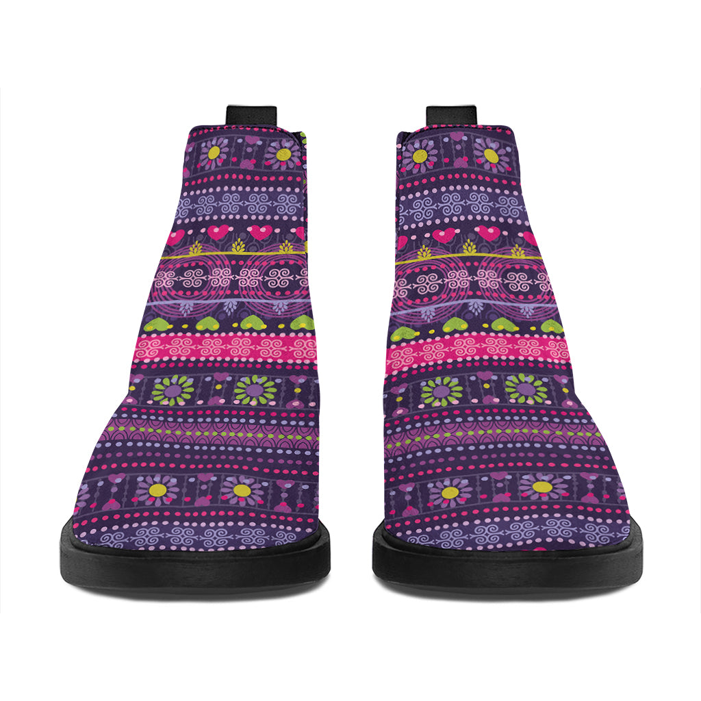 Purple Native Tribal Pattern Print Flat Ankle Boots