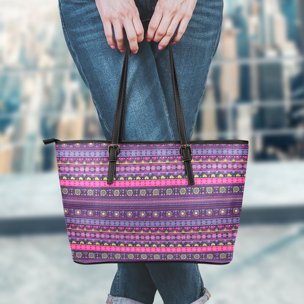 Purple Native Tribal Pattern Print Leather Tote Bag