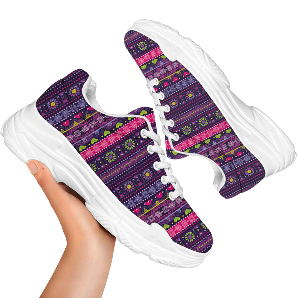 Purple Native Tribal Pattern Print White Chunky Shoes