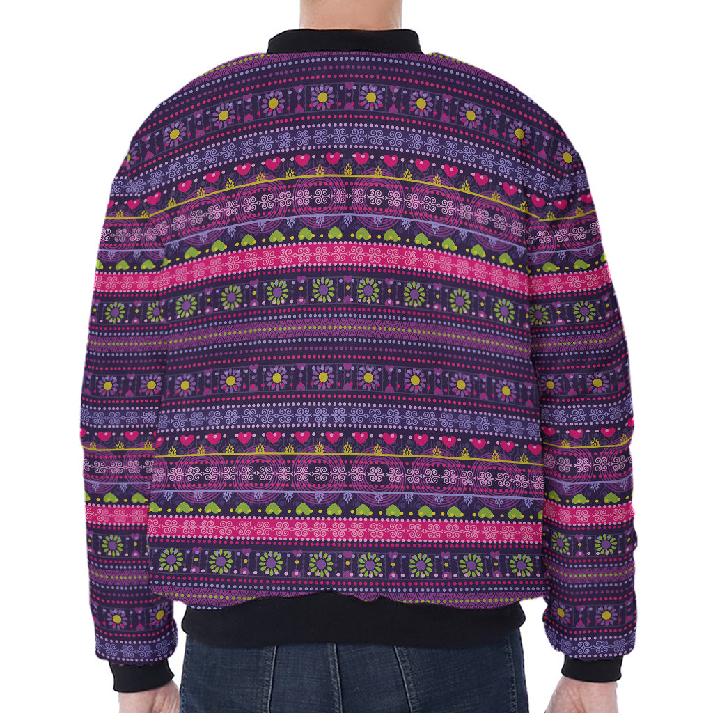Purple Native Tribal Pattern Print Zip Sleeve Bomber Jacket