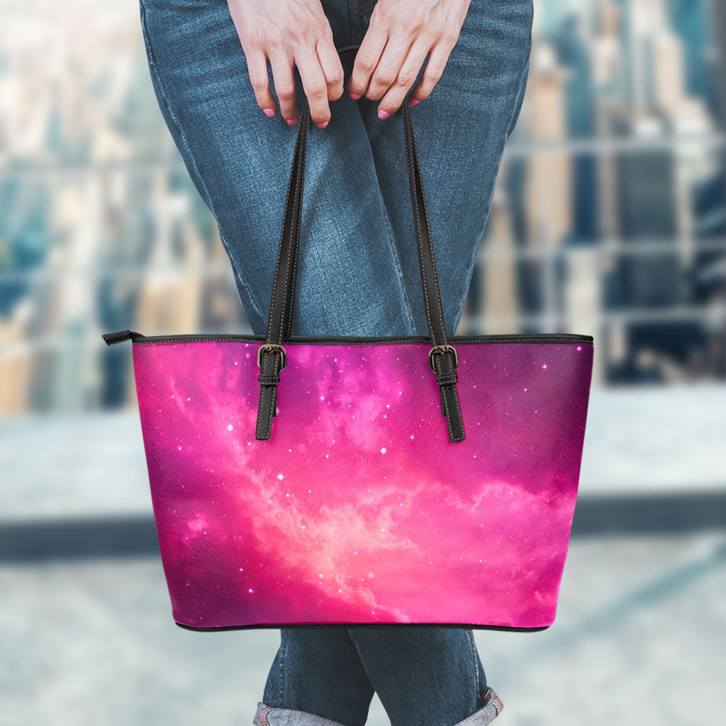 Purple Nebula Cloud Galaxy Space Print Leather Tote Bag