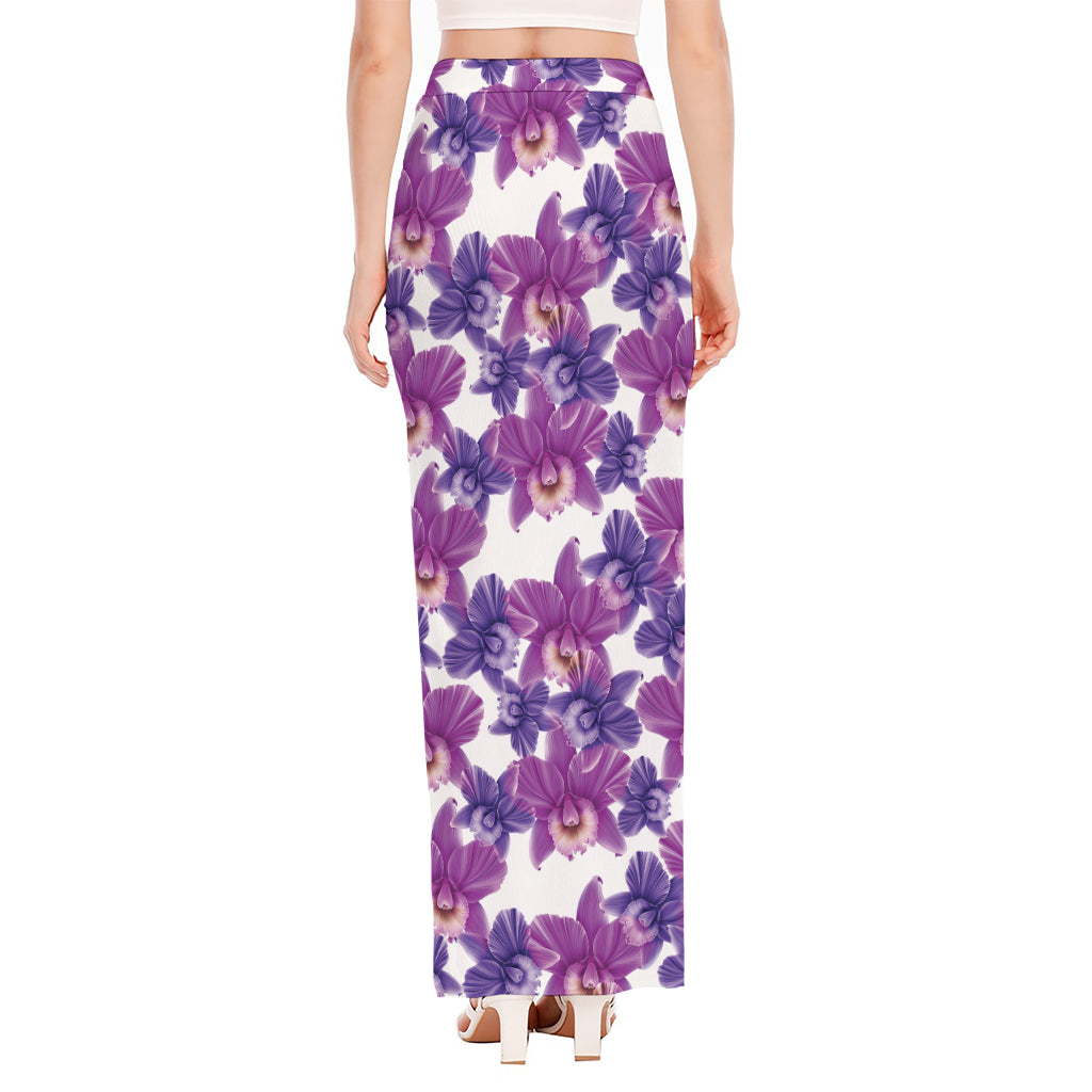 Purple Orchid Flower Pattern Print High Slit Maxi Skirt