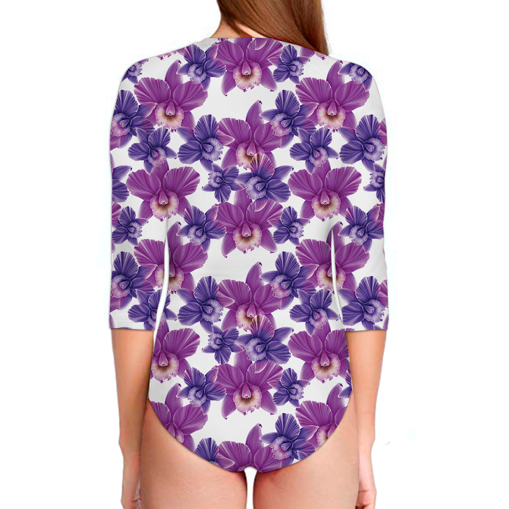 Purple Orchid Flower Pattern Print Long Sleeve Swimsuit