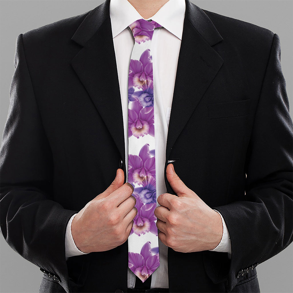 Purple Orchid Flower Pattern Print Necktie