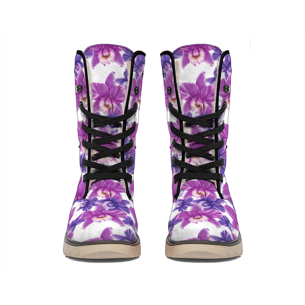 Purple Orchid Flower Pattern Print Winter Boots
