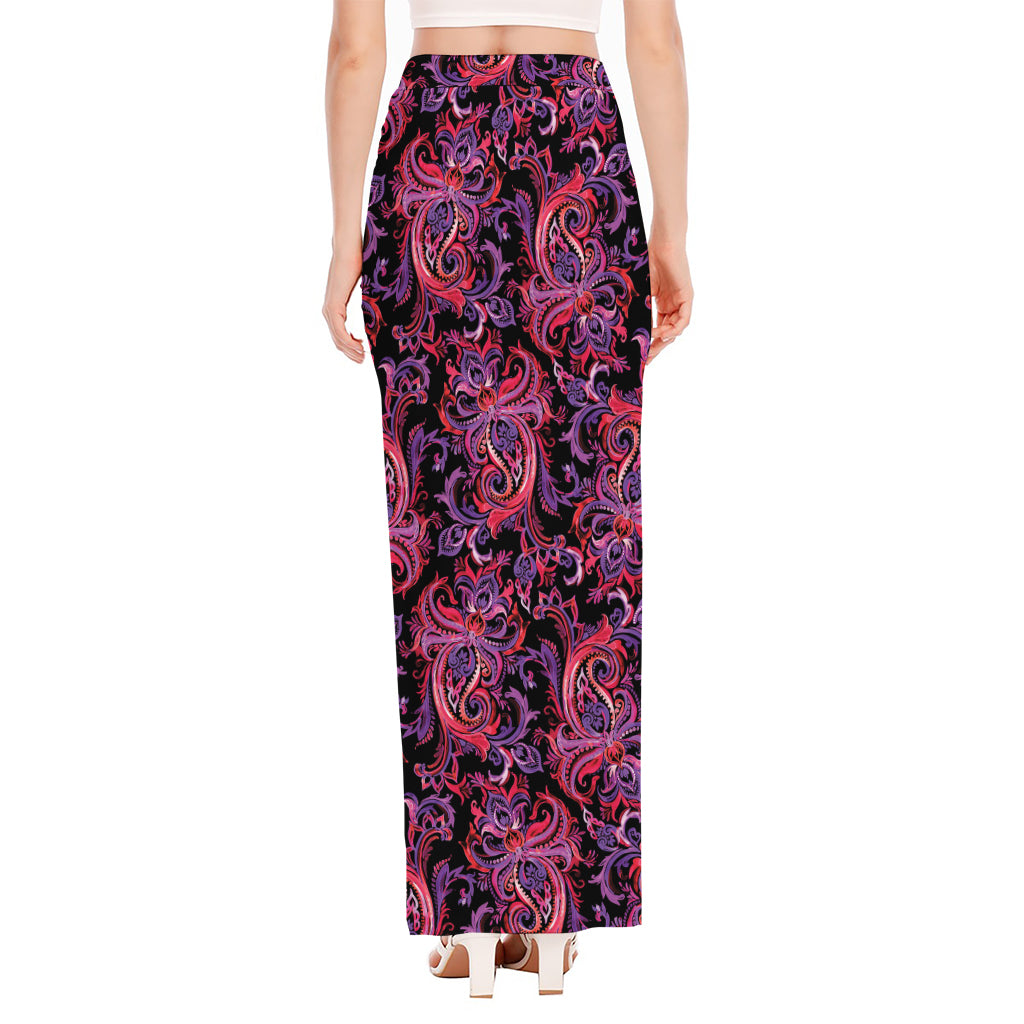 Purple Paisley Pattern Print High Slit Maxi Skirt