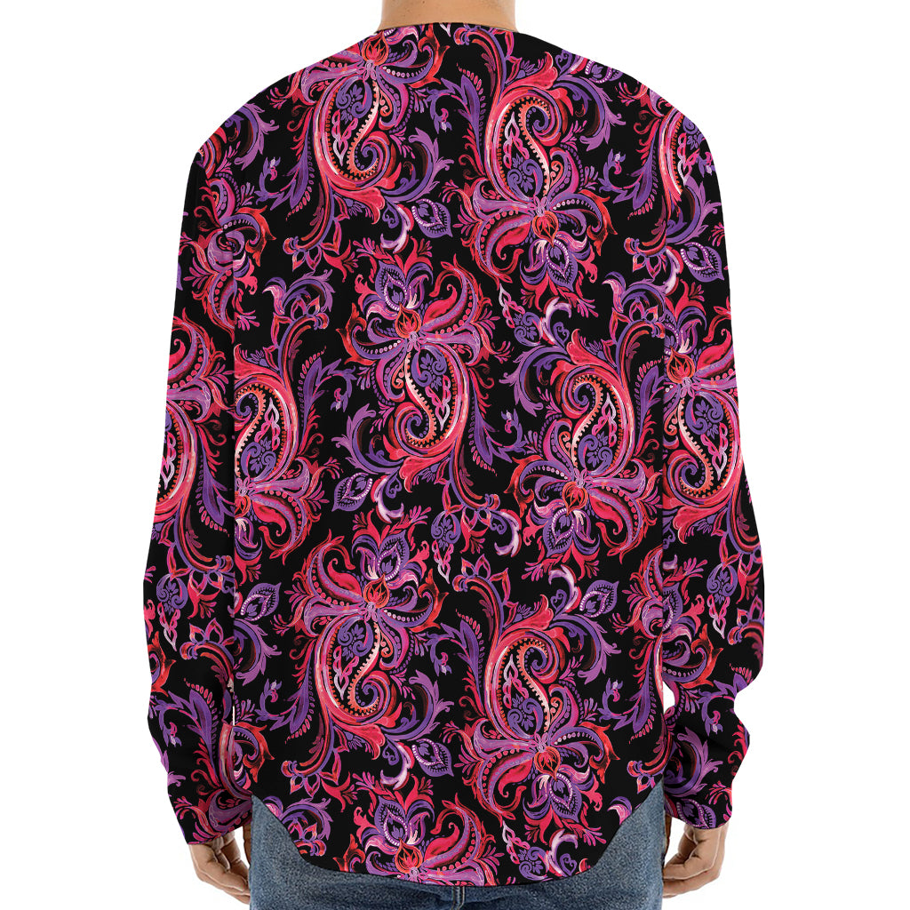 Purple Paisley Pattern Print Long Sleeve Baseball Jersey