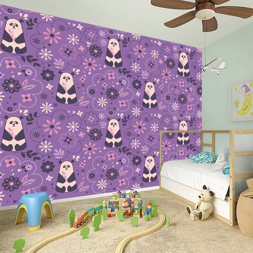 Purple Panda And Flower Pattern Print Wall Sticker