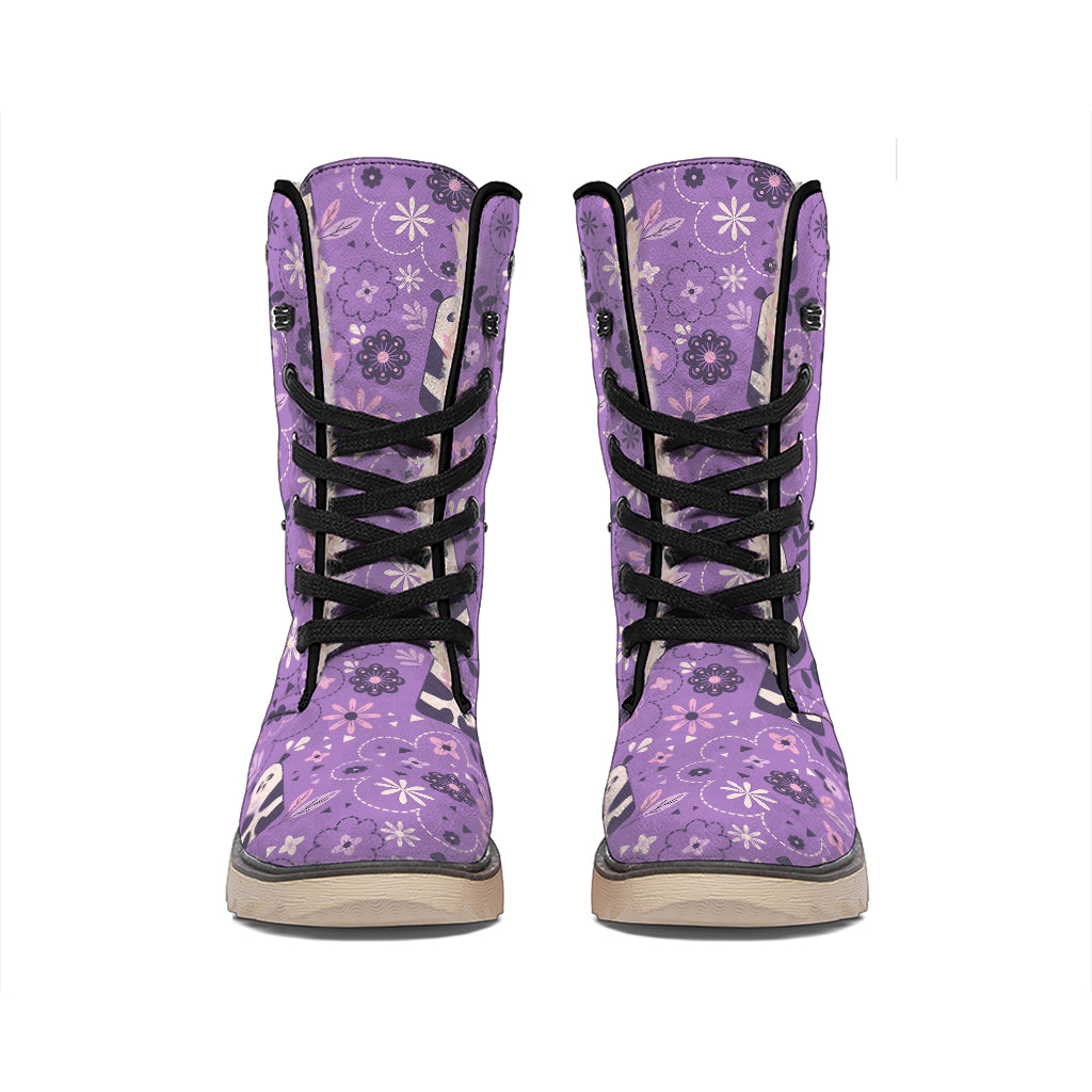 Purple Panda And Flower Pattern Print Winter Boots