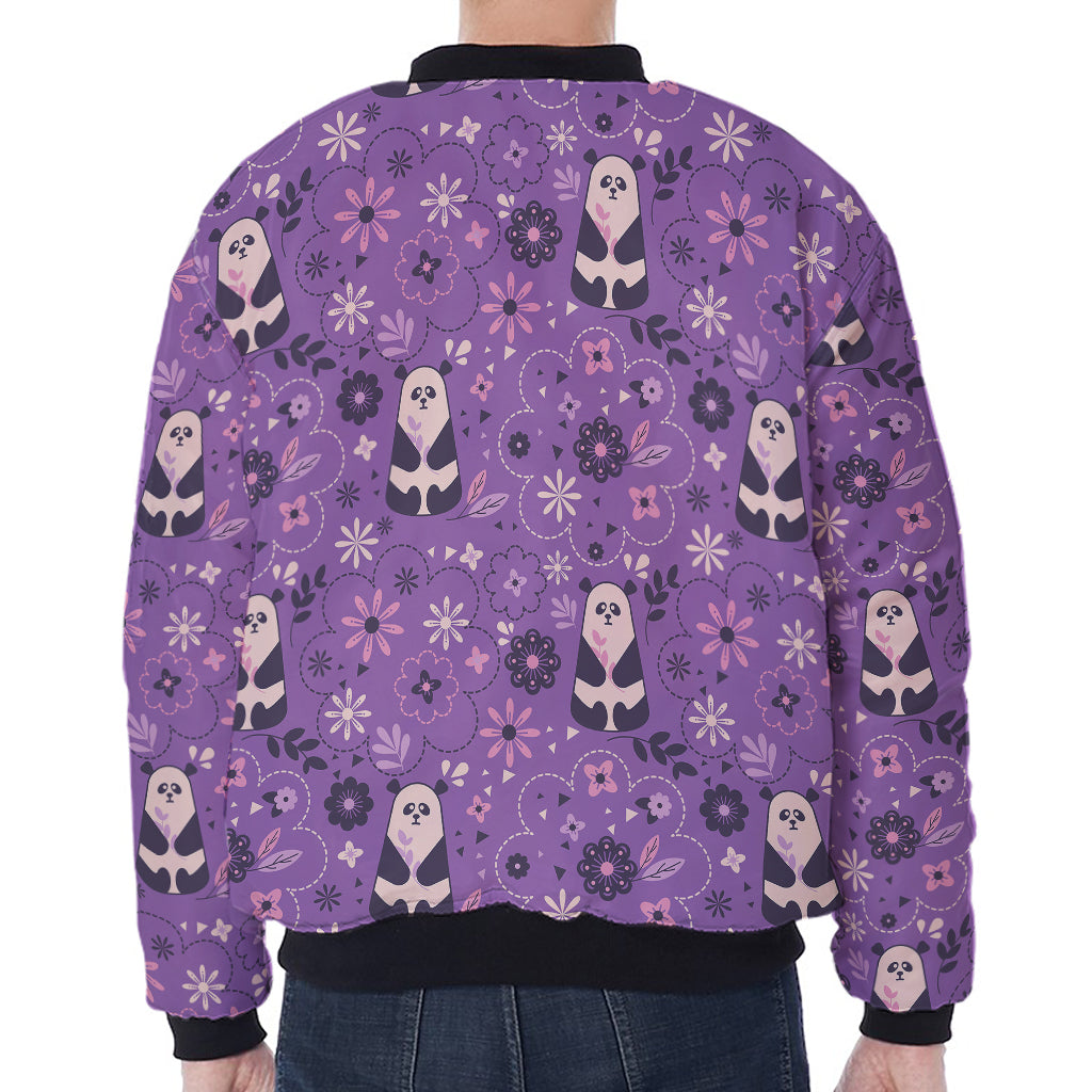 Purple Panda And Flower Pattern Print Zip Sleeve Bomber Jacket