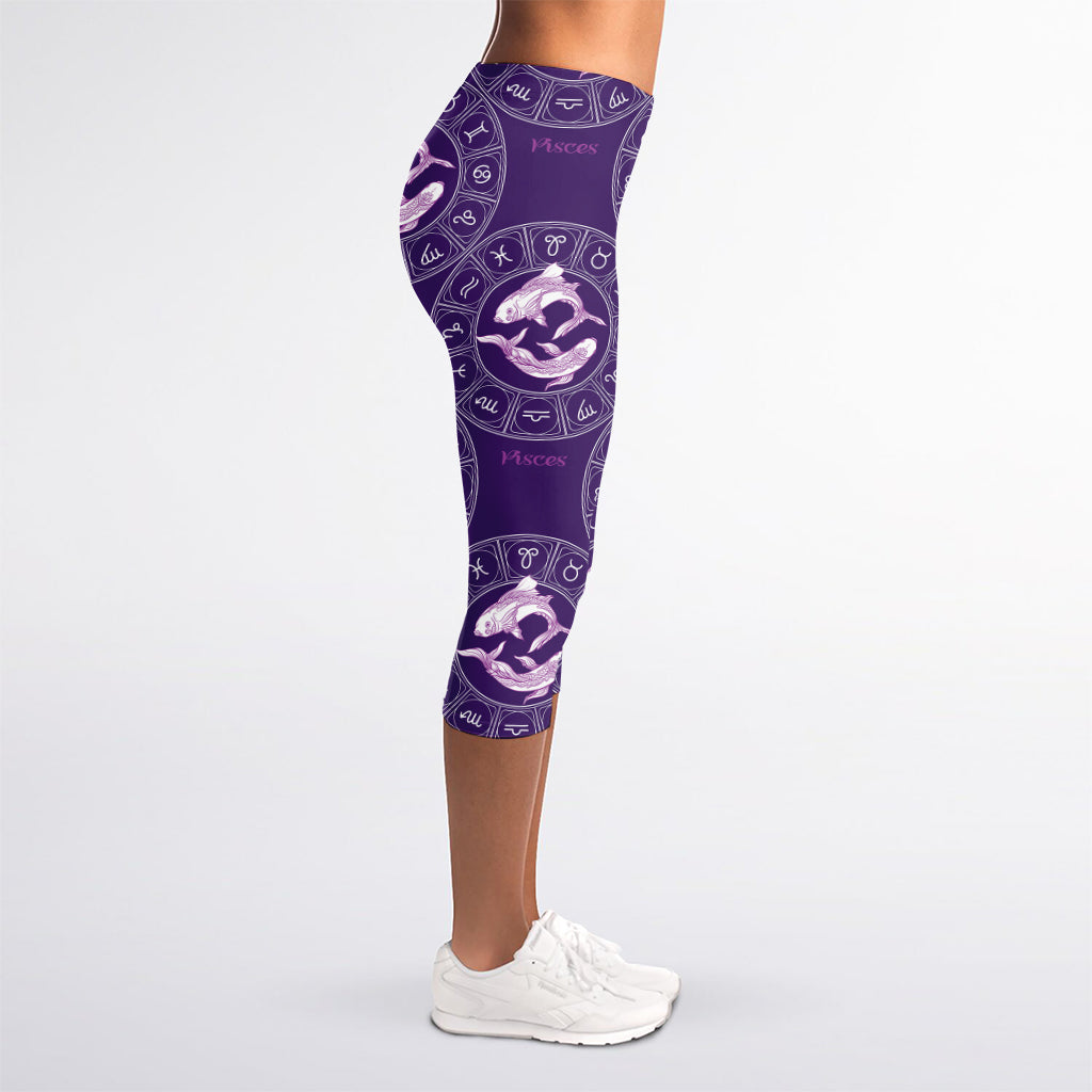 Purple Pisces Zodiac Pattern Print Women's Capri Leggings