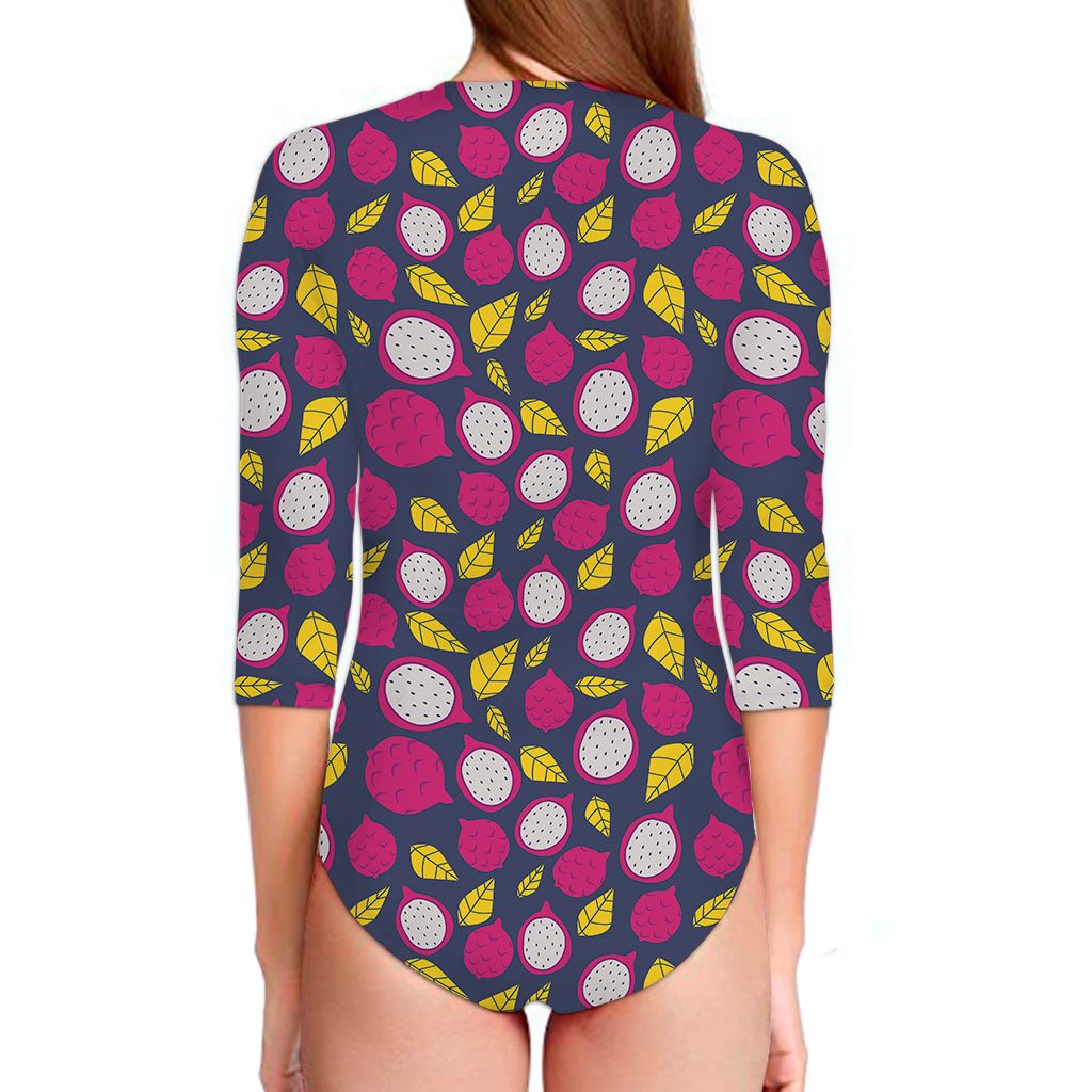 Purple Pitaya Pattern Print Long Sleeve Swimsuit