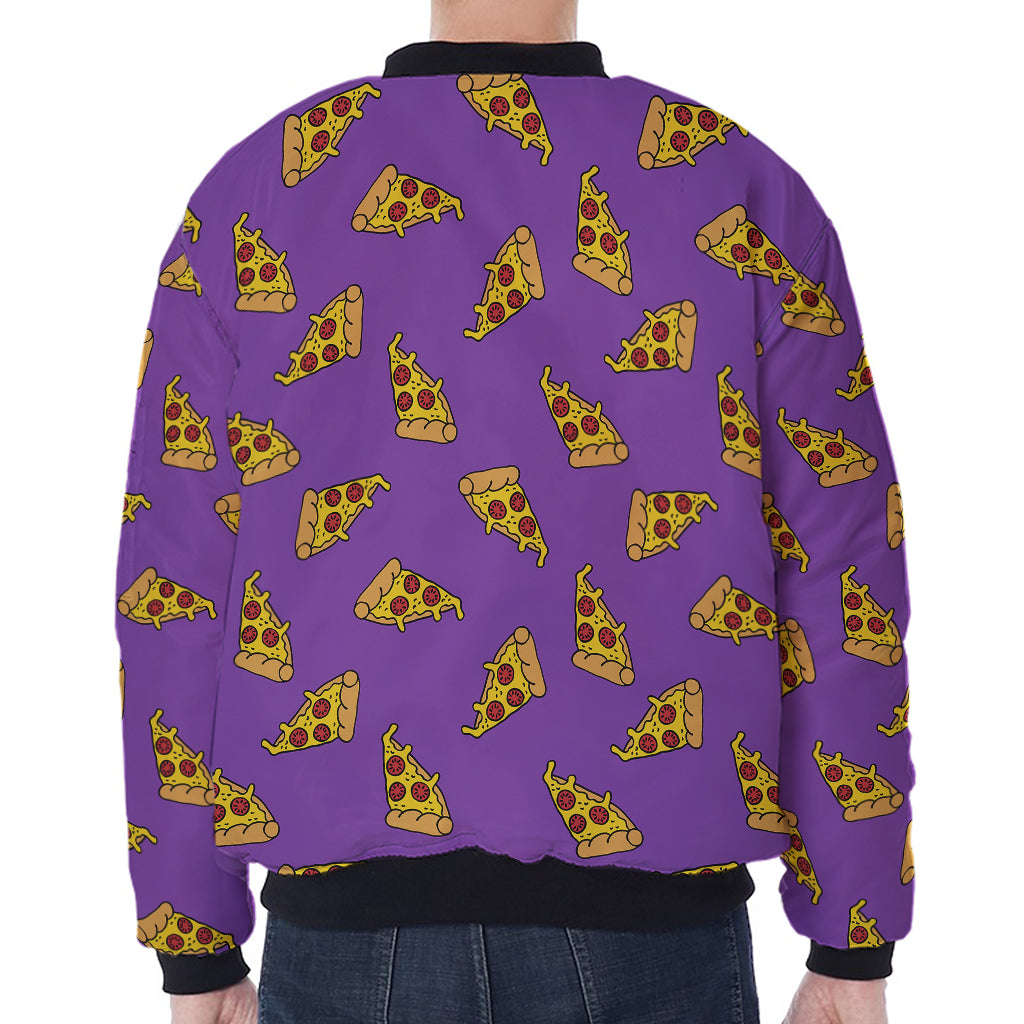 Purple Pizza Pattern Print Zip Sleeve Bomber Jacket