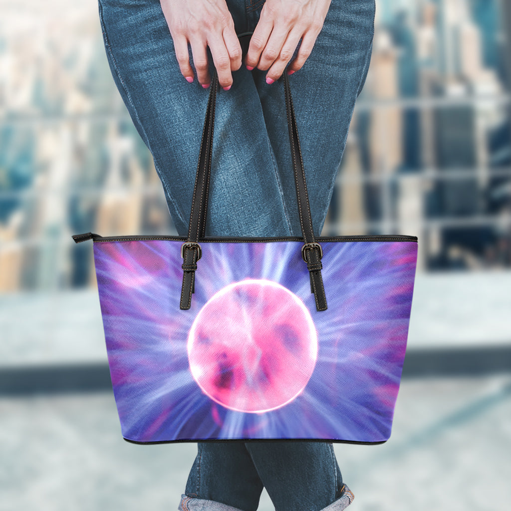 Purple Plasma Ball Print Leather Tote Bag