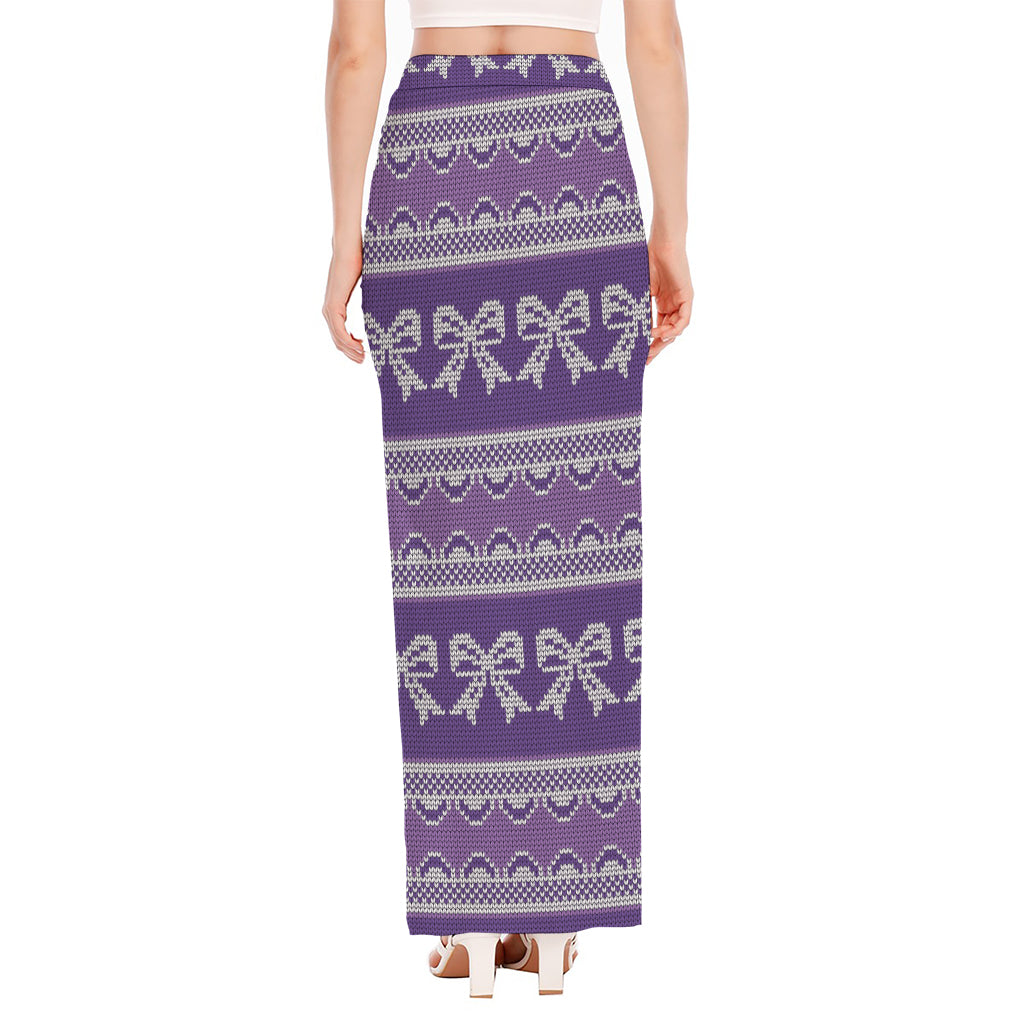 Purple Ribbon Knitted Pattern Print High Slit Maxi Skirt