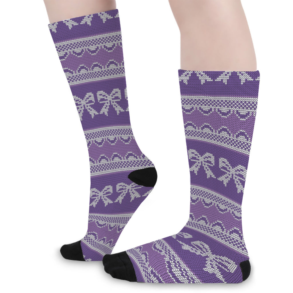 Purple Ribbon Knitted Pattern Print Long Socks