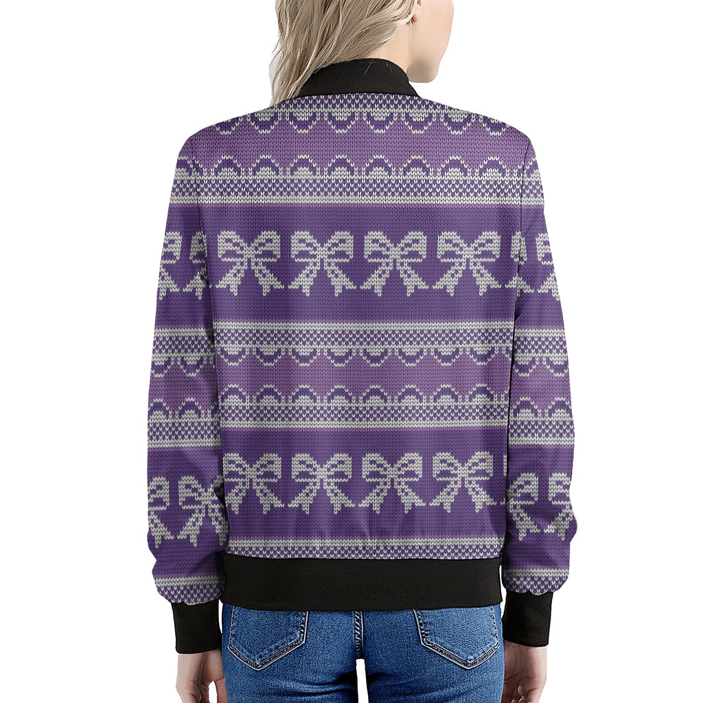 Purple Ribbon Knitted Pattern Print Women's Bomber Jacket