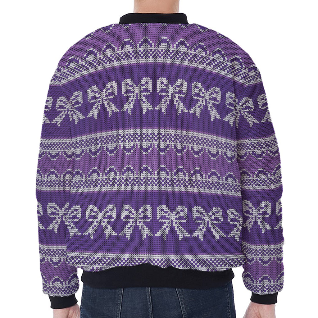 Purple Ribbon Knitted Pattern Print Zip Sleeve Bomber Jacket