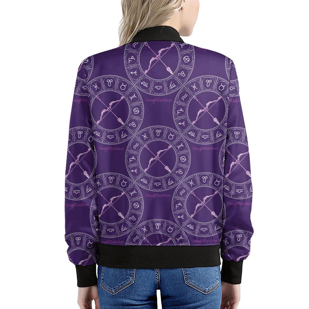 Purple Sagittarius Zodiac Pattern Print Women's Bomber Jacket