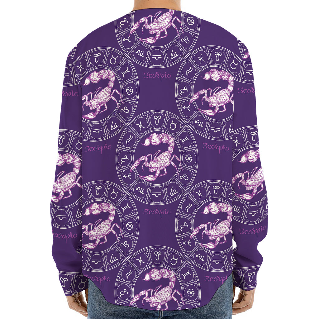 Purple Scorpio Zodiac Pattern Print Long Sleeve Baseball Jersey