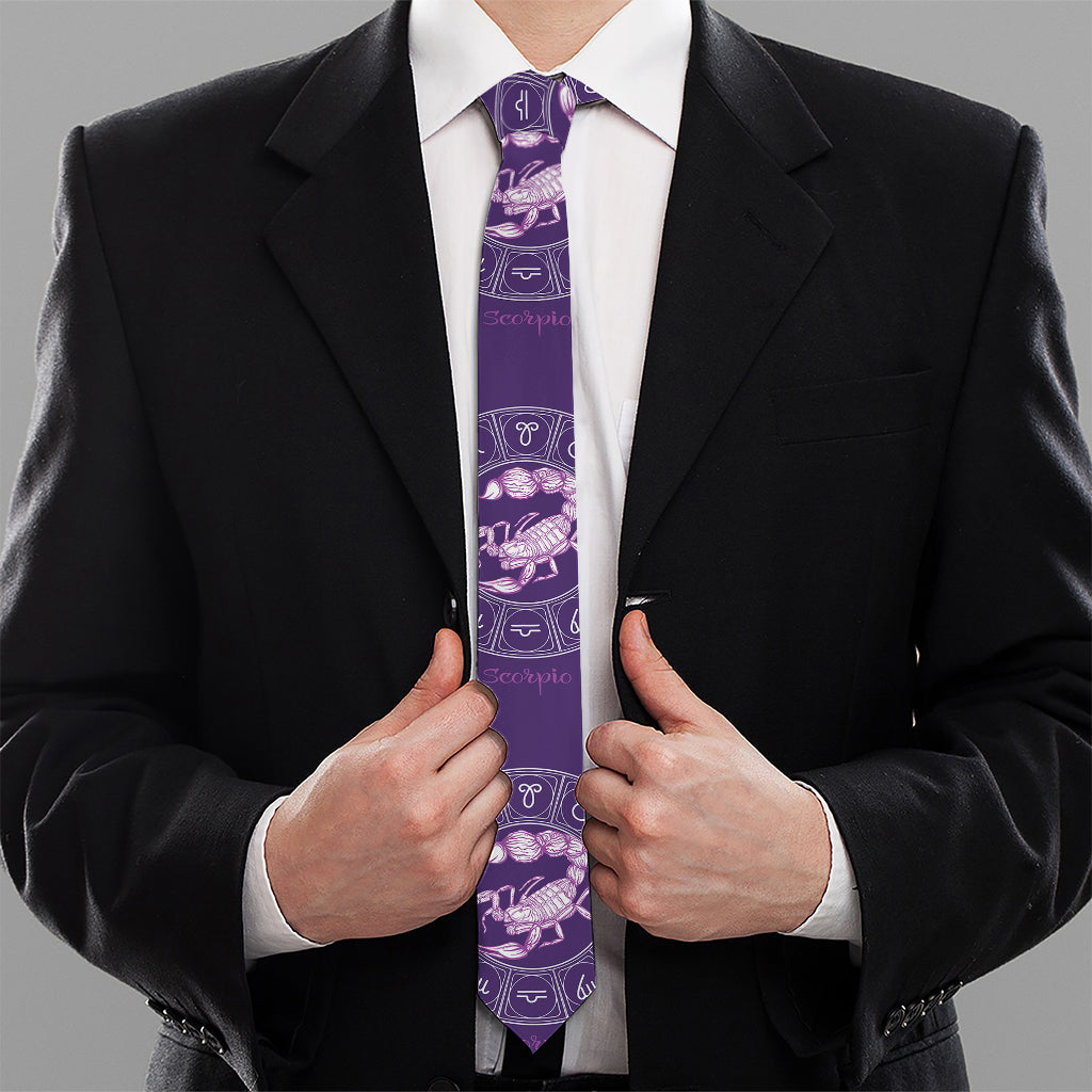 Purple Scorpio Zodiac Pattern Print Necktie
