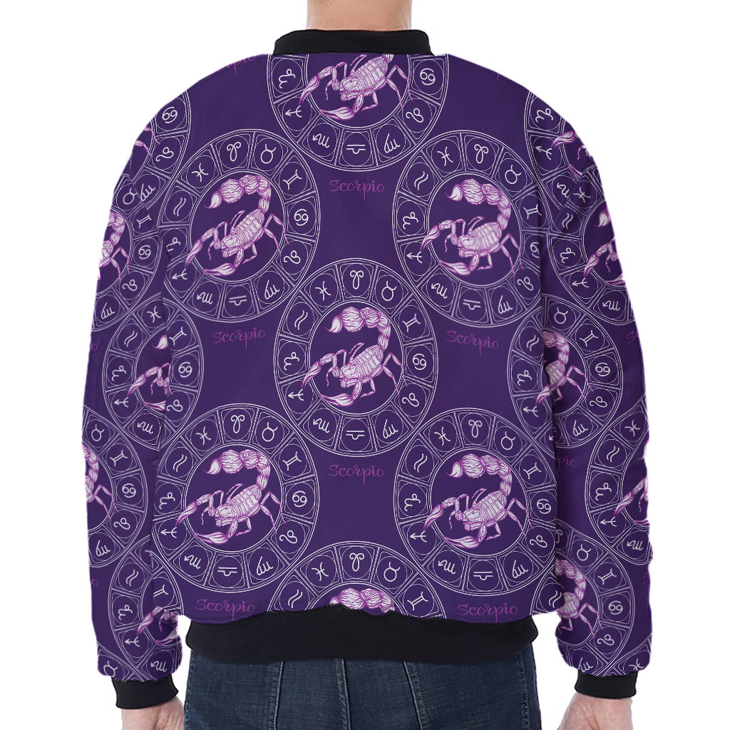 Purple Scorpio Zodiac Pattern Print Zip Sleeve Bomber Jacket