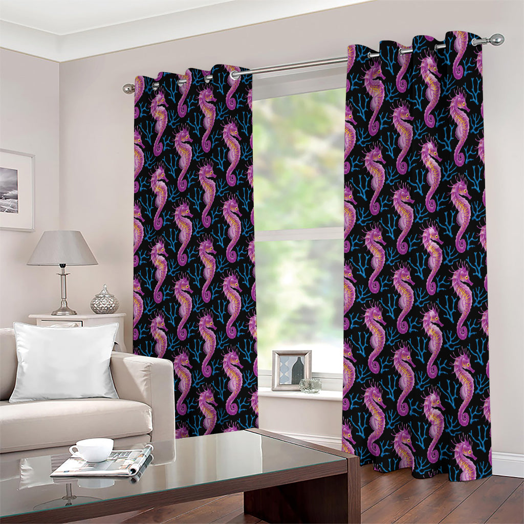 Purple Seahorse Pattern Print Extra Wide Grommet Curtains