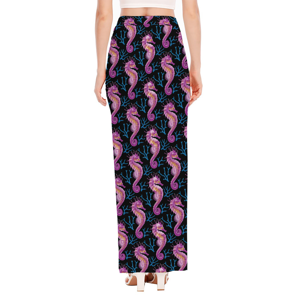 Purple Seahorse Pattern Print High Slit Maxi Skirt