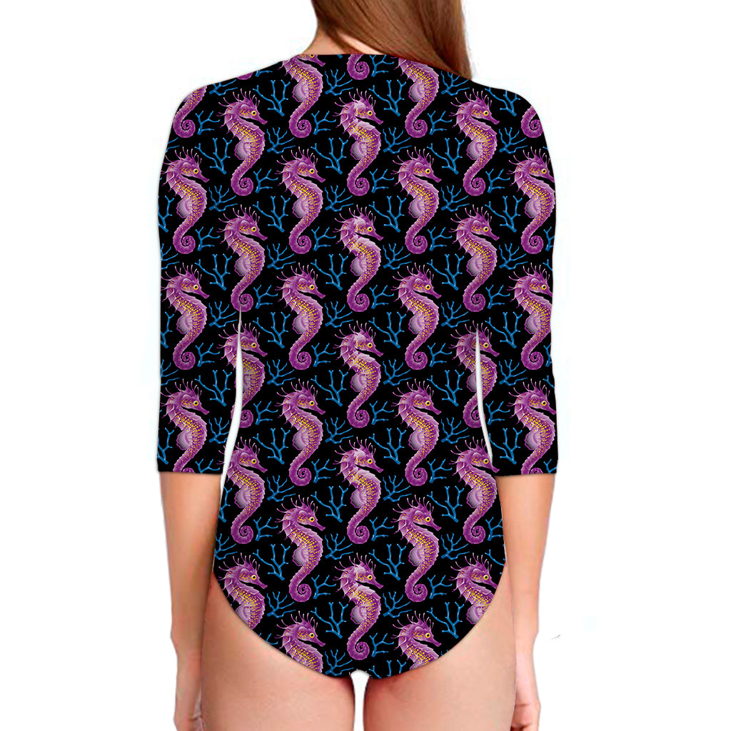 Purple Seahorse Pattern Print Long Sleeve Swimsuit