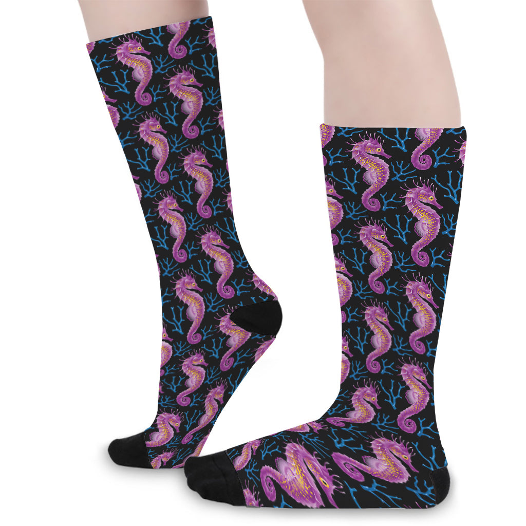 Purple Seahorse Pattern Print Long Socks