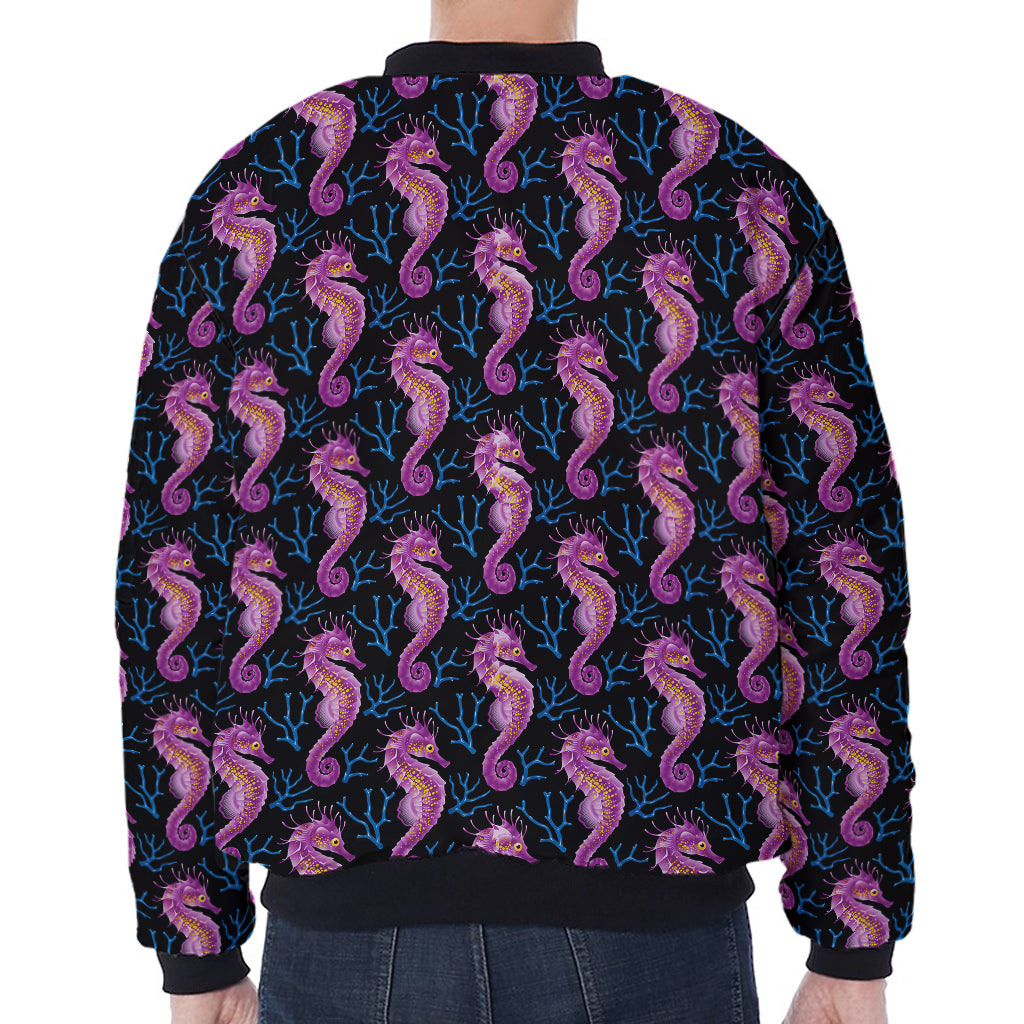Purple Seahorse Pattern Print Zip Sleeve Bomber Jacket