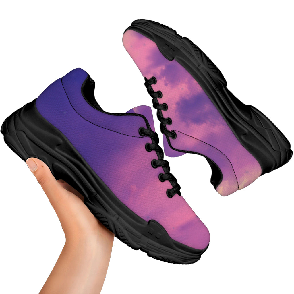 Purple Sky And Full Moon Print Black Chunky Shoes