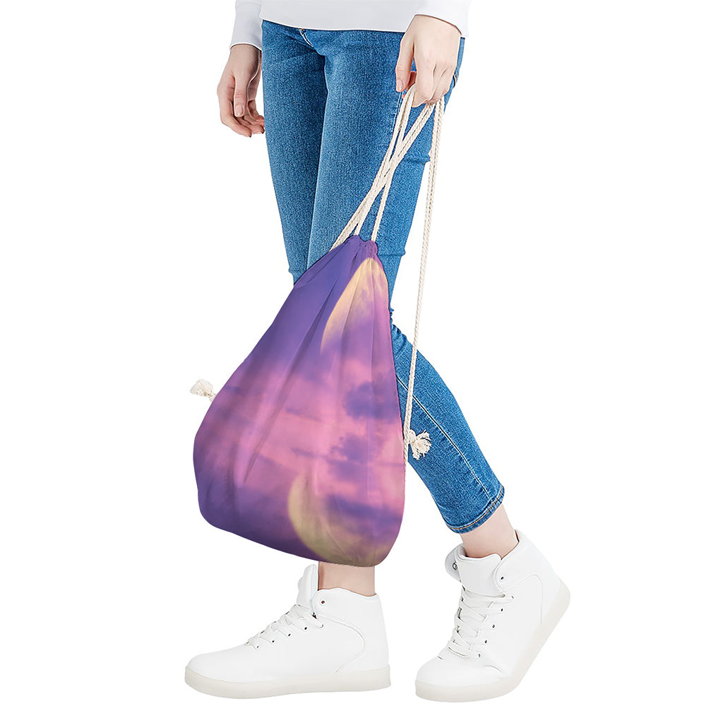 Purple Sky And Full Moon Print Drawstring Bag