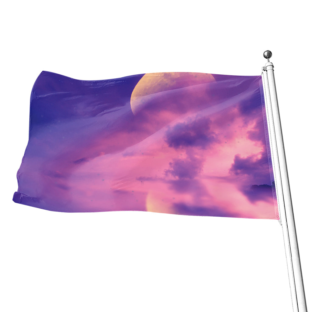 Purple Sky And Full Moon Print Flag