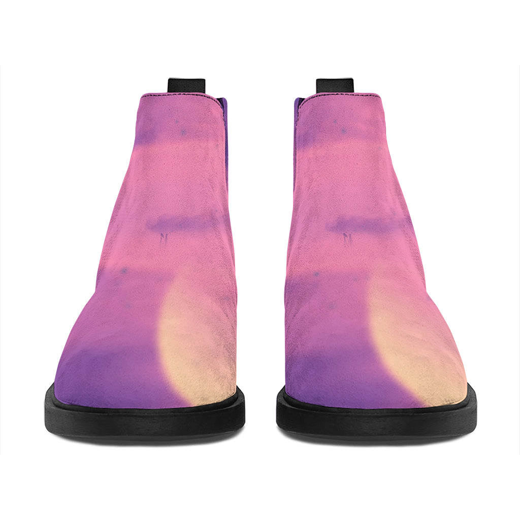 Purple Sky And Full Moon Print Flat Ankle Boots