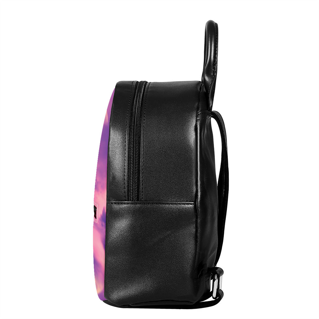 Purple Sky And Full Moon Print Leather Backpack