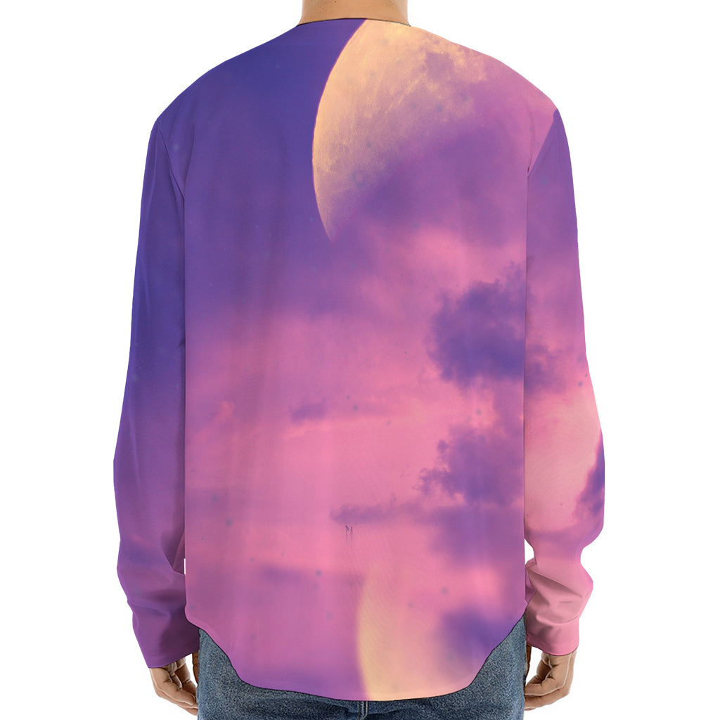Purple Sky And Full Moon Print Long Sleeve Baseball Jersey