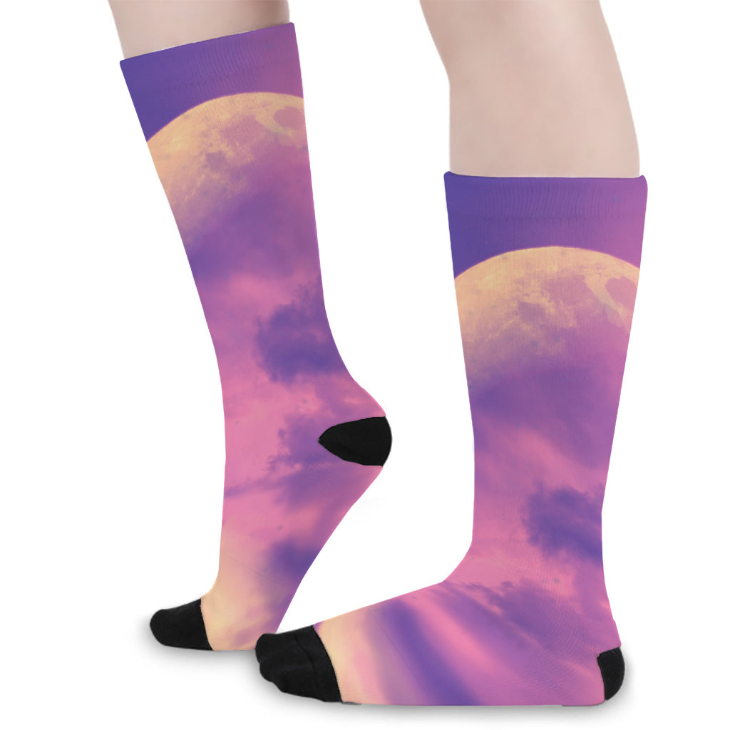 Purple Sky And Full Moon Print Long Socks