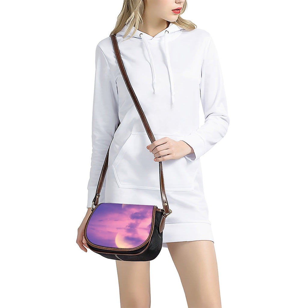 Purple Sky And Full Moon Print Saddle Bag
