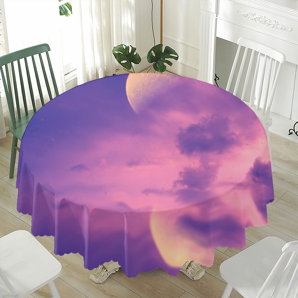 Purple Sky And Full Moon Print Waterproof Round Tablecloth