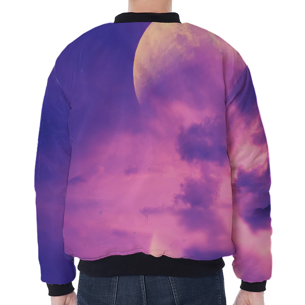 Purple Sky And Full Moon Print Zip Sleeve Bomber Jacket
