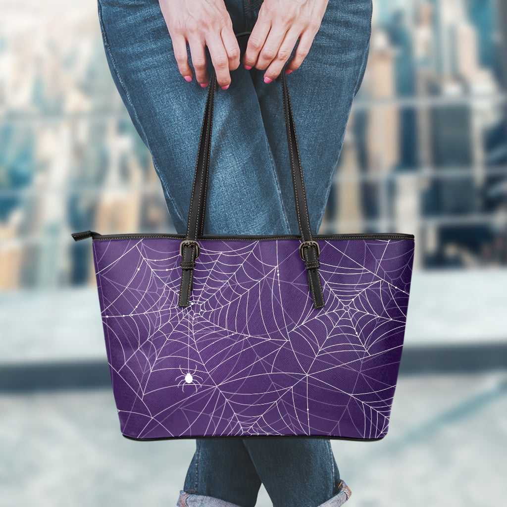 Purple Spider Web Pattern Print Leather Tote Bag