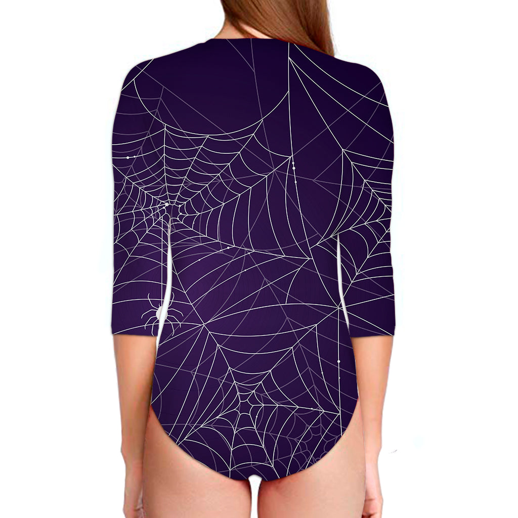 Purple Spider Web Pattern Print Long Sleeve Swimsuit