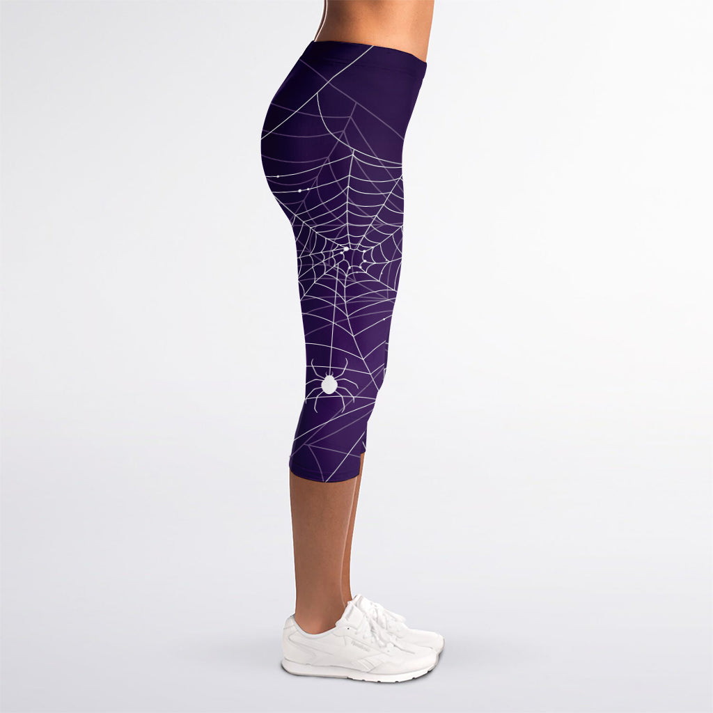 Purple Spider Web Pattern Print Women's Capri Leggings