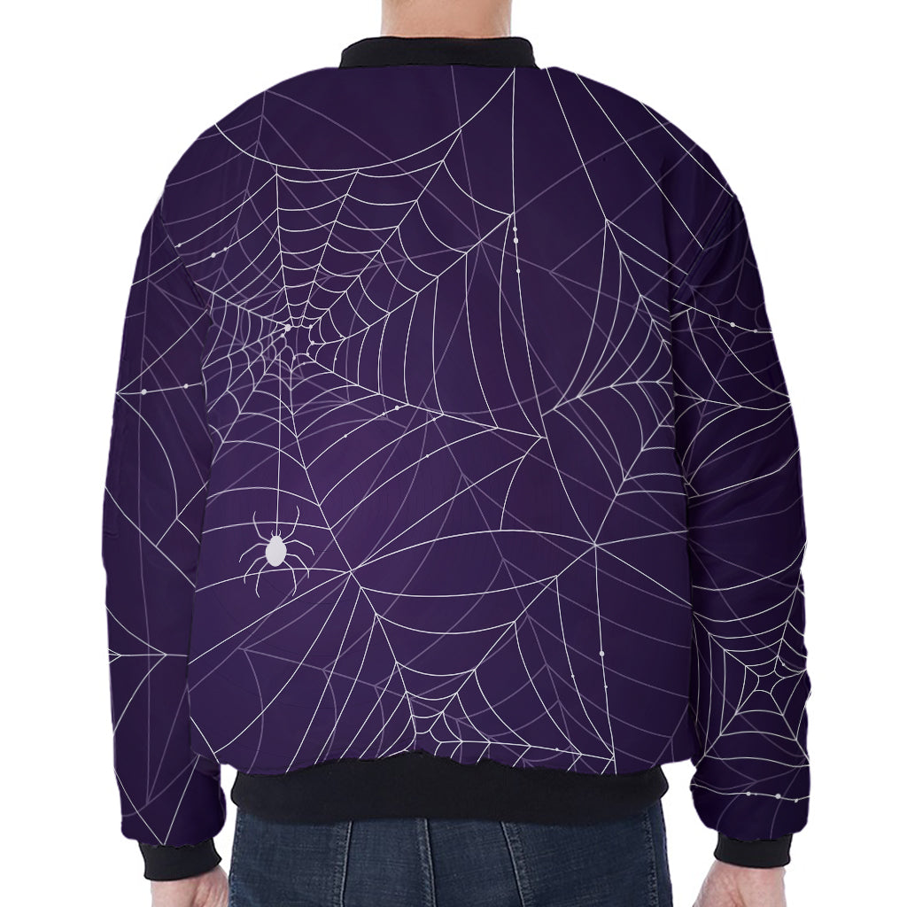 Purple Spider Web Pattern Print Zip Sleeve Bomber Jacket