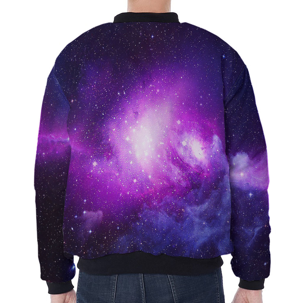 Purple Starfield Galaxy Space Print Zip Sleeve Bomber Jacket